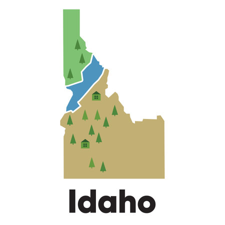 Idaho map shape United states America green forest hand drawn cartoon style with trees travel terrainのイラスト素材