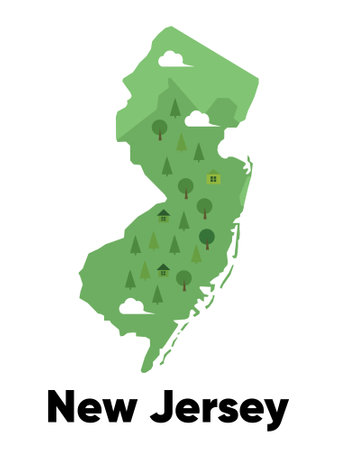 New Jersey map shape United states America green forest hand drawn cartoon style with trees travel terrainのイラスト素材