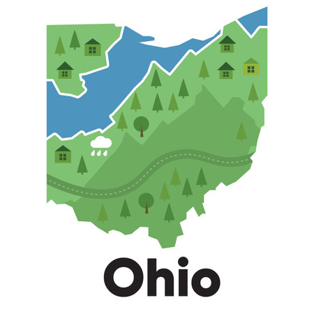 Ohio map shape United states America green forest hand drawn cartoon style with trees travel terrainのイラスト素材