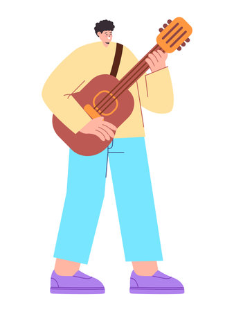 Man playing guitar music instrument guitarist alone flat colorful illustration young performance cartoonのイラスト素材