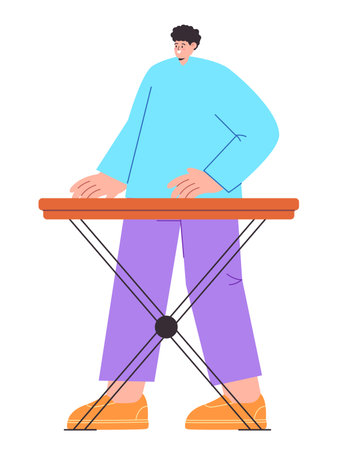 Man playing piano keyboard music instrument alone flat colorful illustration young performance cartoonのイラスト素材