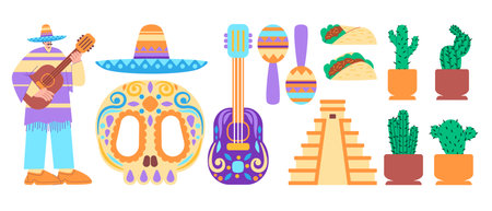 Latin Mexican Hispanic Spanish decorative icon object of festival Cinco de mayo skull guitar sombrero music and foodのイラスト素材