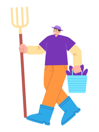 Man farmer holding gardening cultivate harvesting plant in bucket holding fork pitchfork flat colored illustration gardenerのイラスト素材