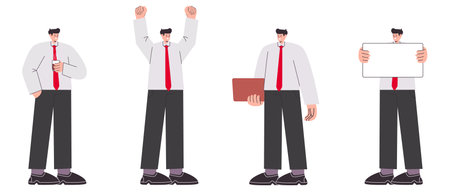 Business people pose set collection white shirt red tie holding board show win happy achievement gestures illustrationのイラスト素材