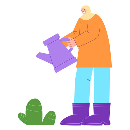 Woman gardener watering plant holding water can wearing veil hijab illustration colorful gardeningのイラスト素材