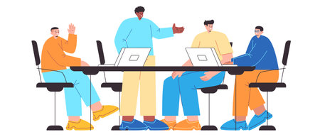 Team meeting talk teamwork corporate boardroom coworkers casual style colorful flat illustrationのイラスト素材