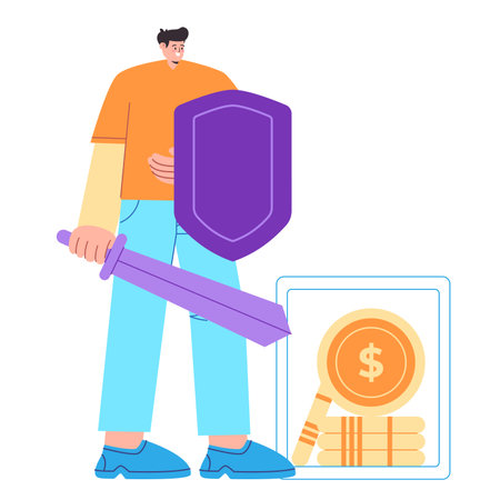 Shield and sword money safety protection security casual style colorful flat illustrationのイラスト素材