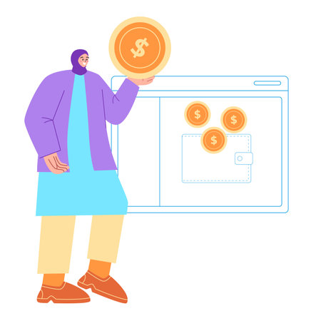Money management application desktop system for managing wealth saving casual style woman colorful flat illustrationのイラスト素材