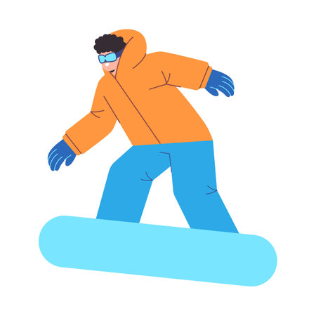 young guy wear jacket play ski sport with blue snowboard speed winter season outdoor adventure activityのイラスト素材