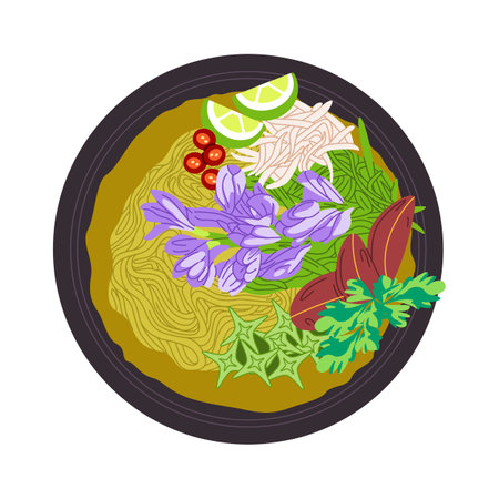 num banhchok traditional food cambodia made from rice noodles with vegetable delicious mealのイラスト素材