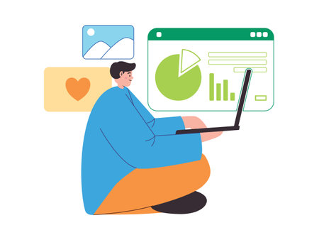 young man sitting with laptop technology modern work business and chart graphic diagramのイラスト素材