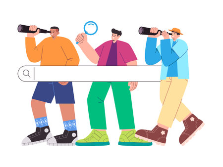 search bar illustration young man searching information in website browser internet networkのイラスト素材