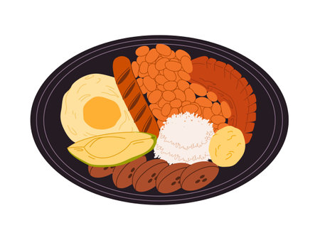 bandeja paisa traditional food colombia made from meat fried egg sausage beans avocado and plantain eaten with rice delicious cuisineのイラスト素材