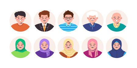 avatar character young man and muslim woman diverse people wear clothes styleのイラスト素材