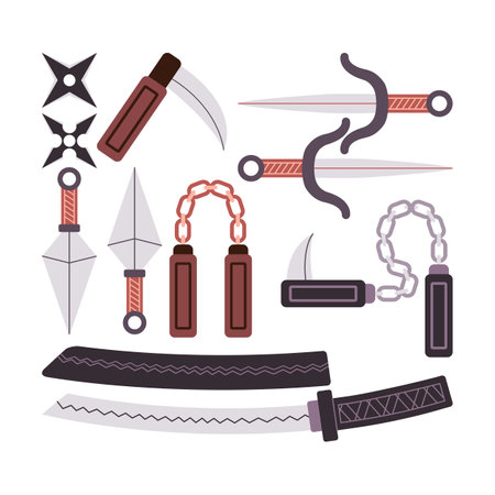 set ninja weapon katana sword knife sai nunchaku shuriken kusarigama battle equipmentのイラスト素材