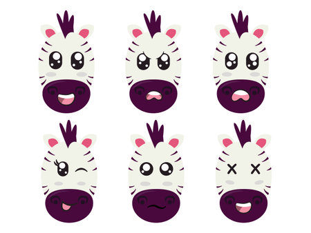 white black head zebra face character expression smile laughing happy sad blink eye and cheerful gestureのイラスト素材