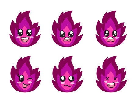 purple color fire character expression smile laughing happy sad blink eye and cheerful gestureのイラスト素材