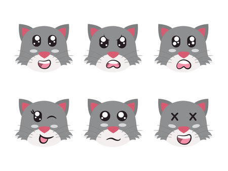 grey white color head cat face character expression smile laughing happy sad blink eye and cheerful gestureのイラスト素材