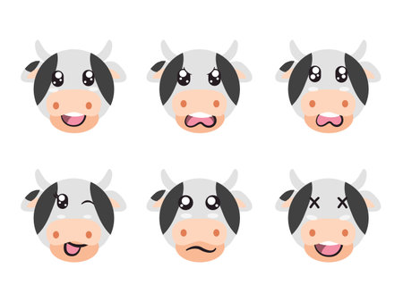 black white color head cow face character expression smile laughing happy sad blink eye and cheerful gestureのイラスト素材