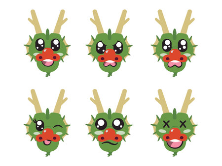 green head dragon horned with face expression smile laughing happy sad blink eye and cheerful gestureのイラスト素材