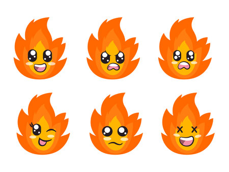 orange color fire character expression smile laughing happy sad blink eye and cheerful gestureのイラスト素材