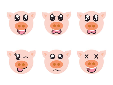 pink color head piggy face character expression smile laughing happy sad blink eye and cheerful gestureのイラスト素材