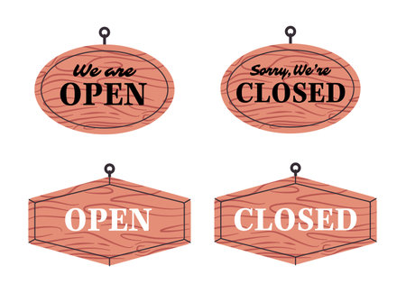 open closed wooden sign board store front tag round shape closeのイラスト素材