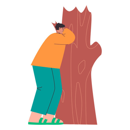 man standing playing hide and seek fun game playful activity hide behind treeのイラスト素材