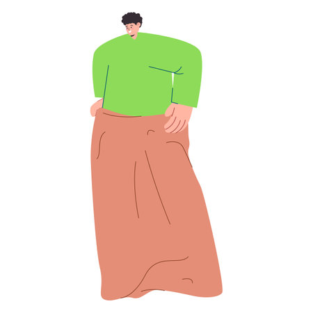 young man jumping playing sack race fun game competition leisure activityのイラスト素材