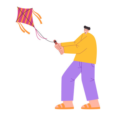 young man smile expression playing flying kite fun game cheerful leisure activityのイラスト素材