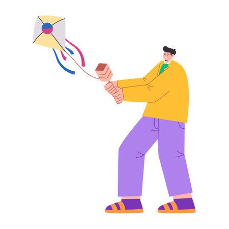 young man smile expression playing korean kite traditional game leisure activityのイラスト素材