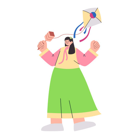 young woman play toy korean kite traditional game playful folk leisure activityのイラスト素材
