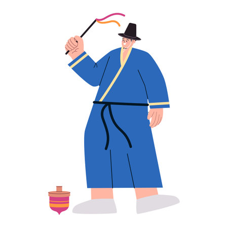 young man play toy spinning top korea traditional game playful folk leisure activityのイラスト素材