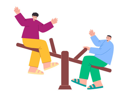 two young man smile expression playing seesaw fun enjoy leisure activityのイラスト素材