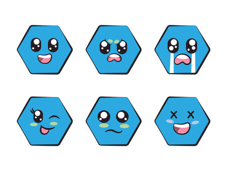 blue color hexagon shape with expression smile angry crying wink eye sadness and laughing feelingのイラスト素材