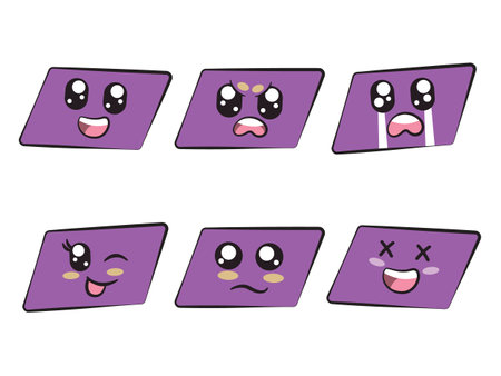 purple color parallelogram shape with expression smile angry crying wink eye sadness and laughing feelingのイラスト素材