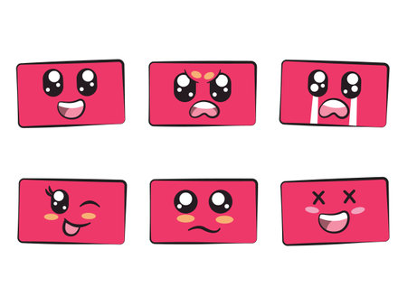 pink color rectangle shape with expression smile angry crying wink eye sadness and laughing mood feelingのイラスト素材