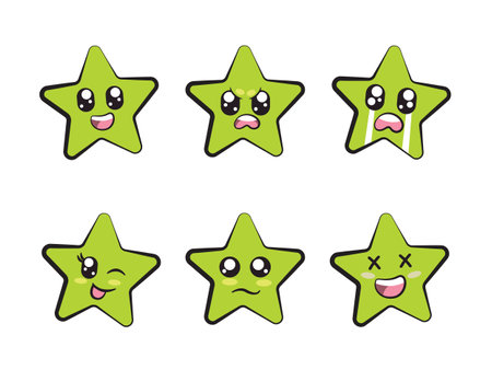 green color star shape with expression smile angry crying wink eye sadness and laughing mood feelingのイラスト素材