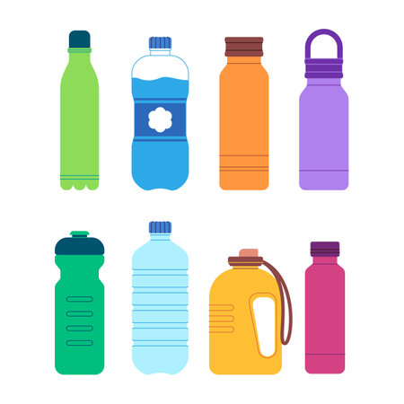 set bottle plastic mineral water and tumbler sport reusable equipment fresh drink beverage containerのイラスト素材