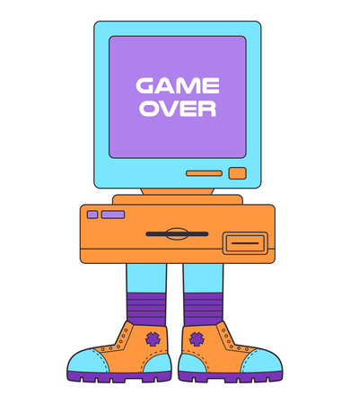 Old PC personal computer retro style character with foot legsのイラスト素材