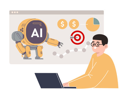 AI powered marketing tools automated bot analytics software sales financial application in laptopのイラスト素材