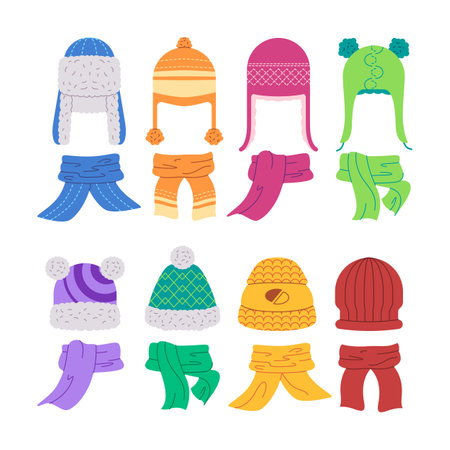 colorful winter hats and scarf shawl wool wear cold clothing warm apparel accessoryのイラスト素材