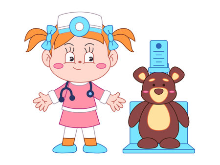 teddy bear doll and child girl doctor with stethoscope medicine equipmentのイラスト素材