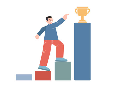 Achieve trophy go up man climb staircase leader achieve award in business earn awardのイラスト素材