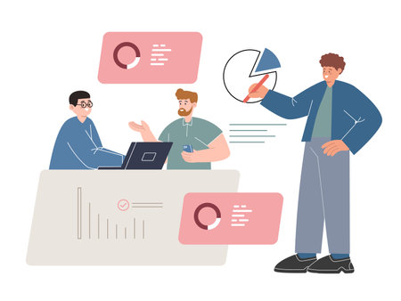 Meeting with stakeholder shareholder of company discuss pie chart team managementのイラスト素材