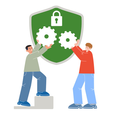Team of expert working together holding cogwheel gear large shield symbol of security cyber technologyのイラスト素材