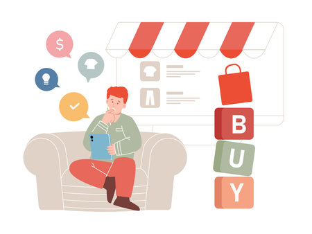 Man sit in sofa consider thinking buying shopping online e-commerce consumer storefront shopping in website from homeのイラスト素材