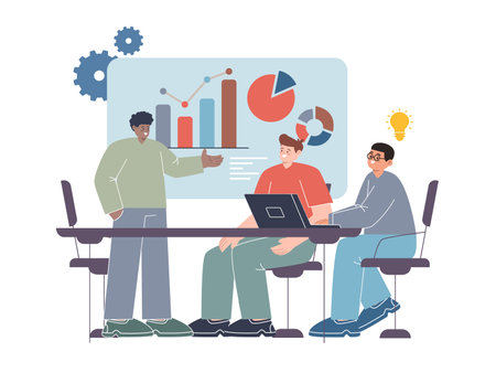 Meeting in office sitting discuss chart infographic presentation education and trainingのイラスト素材