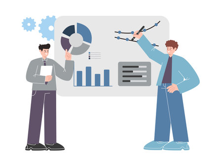Team looking at dashboard service report key metrics visualization chart infographic on large screenのイラスト素材