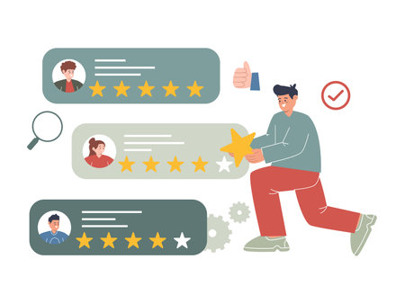 Customer give five stars rating review score testimonial satisfaction performanceのイラスト素材
